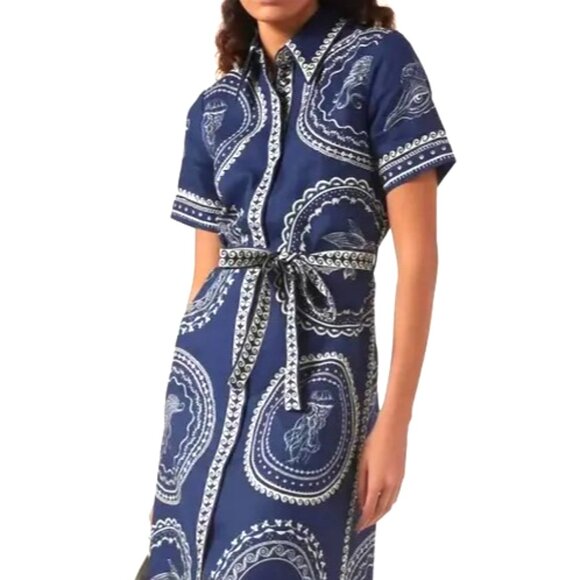 LARGE NAVY BLUE AND WHITE LARGE ICONIC GREEK CIRCLES BUTTON-DOWN MAXI DRESS - Picture 2 of 5